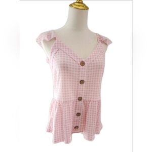 Belle by Belldini Pink / White Gingham Peplum Tank Top Ruffle Straps Size S